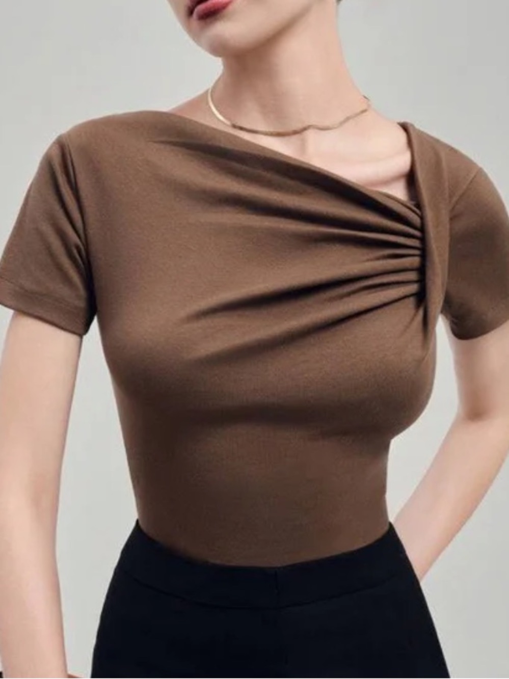 Women’s Brown Asymmetric Ruched Neck Top - Size S